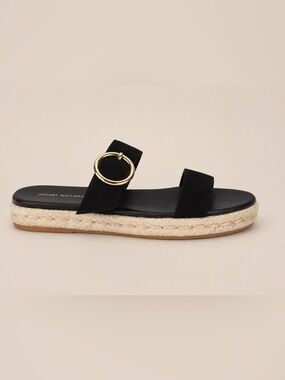 Stuart Weitzman $295 Suede Espedrille Sandals Size 6.5 Black Gold Buckle
